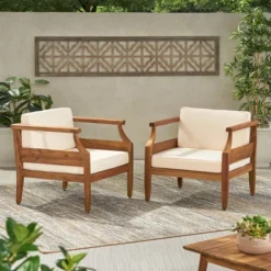 Aston 2pk Acacia Wood Mid-Century Modern Club Chairs - Teak/Cream - Christopher Knight Home -Outdoor Living Shop GUEST 014ff7b8 334a 47d3 95b2 76f0defd864d