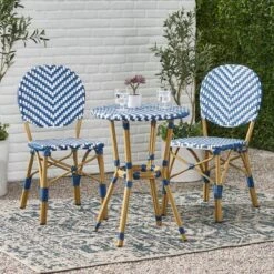 Picardy 3pc Outdoor Aluminum French Bistro Set - Navy/White/Bamboo - Christopher Knight Home