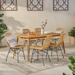 Sawtelle 7pc Outdoor 6 Seater Wicker Dining Set - Teak/Light Brown - Christopher Knight Home