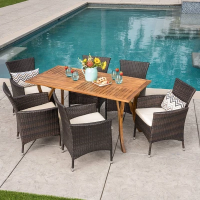 Bennett 7pc Acacia Wood And Wicker Dining Set - Christopher Knight Home 9 Bennett 7pc Acacia Wood And Wicker Dining Set - Christopher Knight Home - Image 7