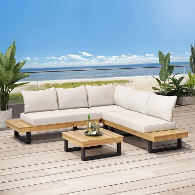 Sebastian 4pc Outdoor Acacia Wood 5 Seater Sofa Sectional With Cushions - Teak/Beige - Christopher Knight Home 3 Sebastian 4pc Outdoor Acacia Wood 5 Seater Sofa Sectional With Cushions - Teak/Beige - Christopher Knight Home