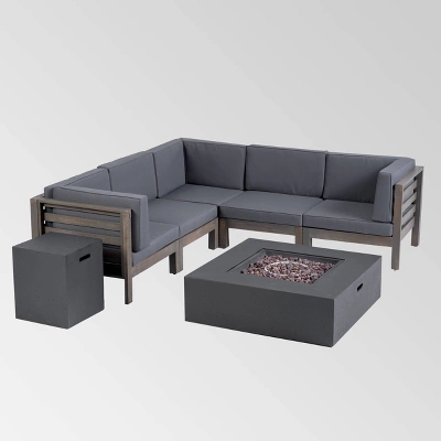 Oana 7pc Acacia V-Shaped Sectional Sofa With Fire Pit Set - Gray/Dark Gray - Christopher Knight Home 3 Oana 7pc Acacia V-Shaped Sectional Sofa With Fire Pit Set - Gray/Dark Gray - Christopher Knight Home