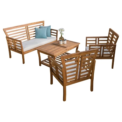 Caydon 4pc Acacia Wood Patio Chat Set With Cushions - Brown Patina - Christopher Knight Home 3 Caydon 4pc Acacia Wood Patio Chat Set With Cushions - Brown Patina - Christopher Knight Home