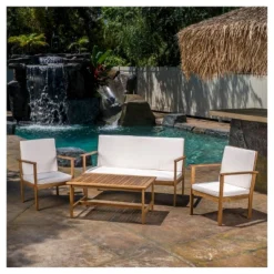 Luciano 4pc Acacia Wood Patio Chat Set With Cushions - Brown Patina - Christopher Knight Home -Outdoor Living Shop GUEST 2cd0a08a f681 4e7c 9283 80e6cab14543