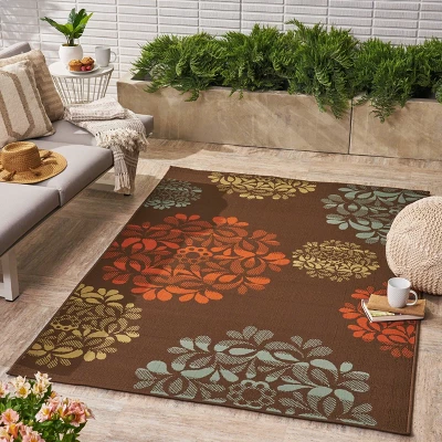 Henley Floral Outdoor Rug Brown/Blue - Christopher Knight Home 4 Henley Floral Outdoor Rug Brown/Blue - Christopher Knight Home - Image 2