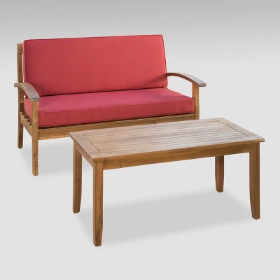 Peyton 2pc Acacia Wood Loveseat And Coffee Table Set - Teak/Red - Christopher Knight Home 3 Peyton 2pc Acacia Wood Loveseat And Coffee Table Set - Teak/Red - Christopher Knight Home
