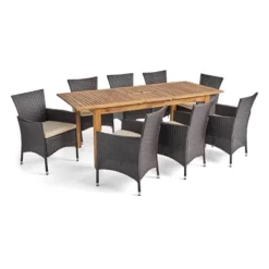 Nadia 9pc Wood & Wicker Expandable Dining Set - Natural/Brown/Beige - Christopher Knight Home