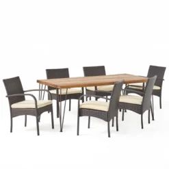 Clayton 7pc Acacia Wood & Iron Dining Set - Teak/Brown/Cream - Christopher Knight Home