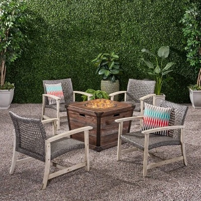 Hampton 5pc Wood & Wicker Club Chair Set With Fire Pit - Christopher Knight Home 8 Hampton 5pc Wood & Wicker Club Chair Set With Fire Pit - Christopher Knight Home - Image 6