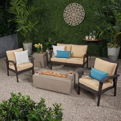 Kalo 5pc Wicker Chat Set With Fire Table - Brown/Tan/Light Gray - Christopher Knight Home 3 Kalo 5pc Wicker Chat Set With Fire Table - Brown/Tan/Light Gray - Christopher Knight Home