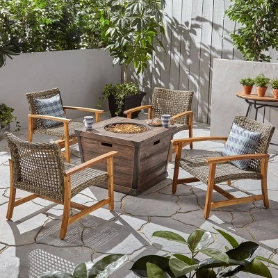 Hampton 5pc Wood & Wicker Club Chair Set With Fire Pit - Christopher Knight Home 9 Hampton 5pc Wood & Wicker Club Chair Set With Fire Pit - Christopher Knight Home - Image 7