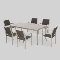 Cape Coral 7pc Aluminum & Wicker Glass Outdoor Patio Dining Set - Silver/Gray - Christopher Knight Home
