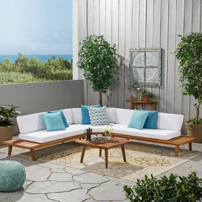Hillcrest 4pc Acacia V-Shaped Outdoor Patio Sectional Sofa Set - Natural/White - Christopher Knight Home 3 Hillcrest 4pc Acacia V-Shaped Outdoor Patio Sectional Sofa Set - Natural/White - Christopher Knight Home