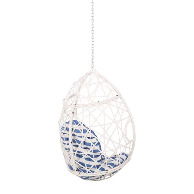 Los Alamitos Indoor/Outdoor Wicker Hanging Chair With 8' Chain - White/Blue - Christopher Knight Home 4 Los Alamitos Indoor/Outdoor Wicker Hanging Chair With 8' Chain - White/Blue - Christopher Knight Home - Image 2