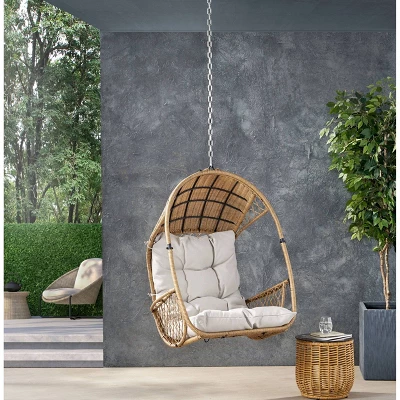 Greystone Indoor/Outdoor Wicker Hanging Chair With 8' Chain - Light Brown/Beige - Christopher Knight Home 3 Greystone Indoor/Outdoor Wicker Hanging Chair With 8' Chain - Light Brown/Beige - Christopher Knight Home