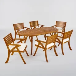 Hermosa 7pc Acacia Wood Oval Dining Set - Teak/Cream - Christopher Knight Home