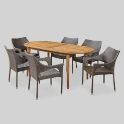 Fayette 7pc Acacia Wood And Wicker Dining Set - Brown - Christopher Knight Home