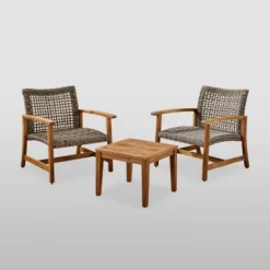 3pc Hampton Wood And Wicker Patio Set - Christopher Knight Home