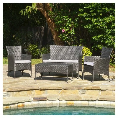 Malta Outdoor 4pc Wicker Chat Set With Cushions - Christopher Knight Home 4 Malta Outdoor 4pc Wicker Chat Set With Cushions - Christopher Knight Home - Image 2