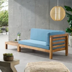 2pk Oana Outdoor Acacia Wood Right Arm Loveseat & Coffee Table With Cushion Teak/Blue - Christopher Knight Home -Outdoor Living Shop GUEST 8939af34 5dd3 463c 8505 49382926ed16