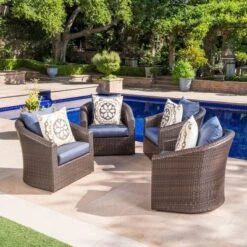 Darius 4pk Wicker Swivel Club Chairs - Brown/Navy Blue - Christopher Knight Home -Outdoor Living Shop GUEST 8d36e5d9 d2c6 49d6 bea2 08a11faf1395