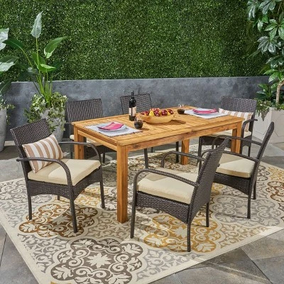 Elmar 7pc Wood & Wicker Expandable Dining Set - Natural/Brown/Cream - Christopher Knight Home 3 Elmar 7pc Wood & Wicker Expandable Dining Set - Natural/Brown/Cream - Christopher Knight Home