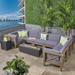 Thasos 10pc Acacia U-Shaped Farmhouse Sectional Sofa Set With Fire Pit - Gray - Christopher Knight Home -Outdoor Living Shop GUEST 946ae1e4 be2d 4ee6 996d e52f97d86b38