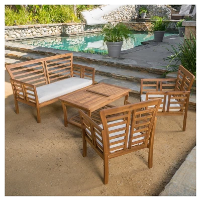 Caydon 4pc Acacia Wood Patio Chat Set With Cushions - Brown Patina - Christopher Knight Home 4 Caydon 4pc Acacia Wood Patio Chat Set With Cushions - Brown Patina - Christopher Knight Home - Image 2