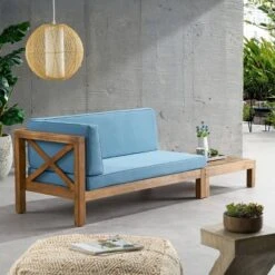 2pc Brava Outdoor Acacia Wood Left Arm Loveseat & Coffee Table With Cushion Teak/Blue - Christopher Knight Home -Outdoor Living Shop GUEST 973feea3 c344 4e6e 82c7 041a04c2e029