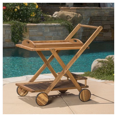 Riviera Acacia Wood Patio Bar Cart With Tray - Natural - Christopher Knight Home 4 Riviera Acacia Wood Patio Bar Cart With Tray - Natural - Christopher Knight Home - Image 2