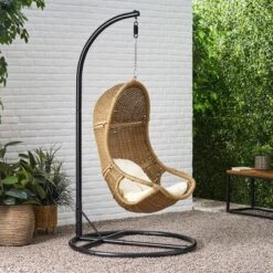 Ripley Outdoor Wicker Hanging Chair With Stand - Light Brown/Beige - Christopher Knight Home