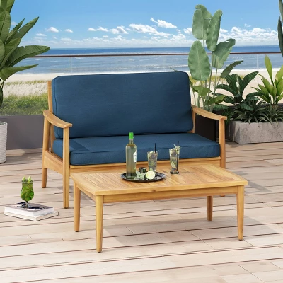 2pc Willowbrook Patio Acacia Wood Loveseat Set With Coffee Table - Teak/Dark Teal - Christopher Knight Home 2 2pc Willowbrook Patio Acacia Wood Loveseat Set With Coffee Table - Teak/Dark Teal - Christopher Knight Home