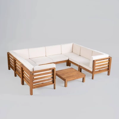 Oana 9pc Acacia Wood U-Shaped Sectional Sofa Set Teak/Beige - Christopher Knight Home 3 Oana 9pc Acacia Wood U-Shaped Sectional Sofa Set Teak/Beige - Christopher Knight Home