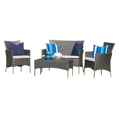Malta Outdoor 4pc Wicker Chat Set With Cushions - Christopher Knight Home 3 Malta Outdoor 4pc Wicker Chat Set With Cushions - Christopher Knight Home