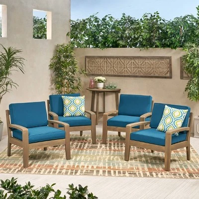 Grenada 4pk Wooden Patio Club Chairs With Cushions - Gray/Teal - Christopher Knight Home 7 Grenada 4pk Wooden Patio Club Chairs With Cushions - Gray/Teal - Christopher Knight Home - Image 5