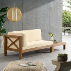 2pc Brava Outdoor Acacia Wood Left Arm Loveseat & Coffee Table With Cushion Teak/Beige - Christopher Knight Home -Outdoor Living Shop GUEST c206bab7 7c5e 4fe3 9d56 2183ea0121a1