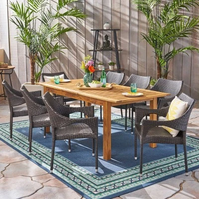 Damon 9pc Wood & Wicker Expandable Dining Set - Natural/Brown - Christopher Knight Home 3 Damon 9pc Wood & Wicker Expandable Dining Set - Natural/Brown - Christopher Knight Home