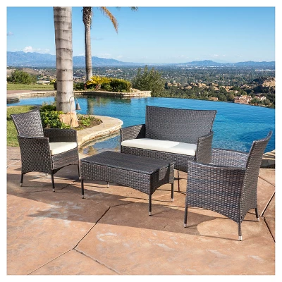 Malta Outdoor 4pc Wicker Chat Set With Cushions - Christopher Knight Home 7 Malta Outdoor 4pc Wicker Chat Set With Cushions - Christopher Knight Home - Image 5