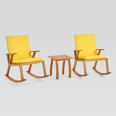 Champlain 3pc Acacia Wood Rocking Chairs Set Teak/Yellow - Christopher Knight Home 3 Champlain 3pc Acacia Wood Rocking Chairs Set Teak/Yellow - Christopher Knight Home