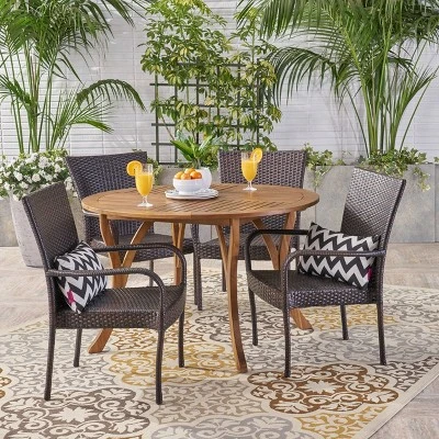 Collins 5pc Acacia Wood & Wicker Dining Set - Teak/Brown - Christopher Knight Home 3 Collins 5pc Acacia Wood & Wicker Dining Set - Teak/Brown - Christopher Knight Home