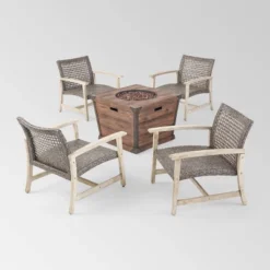 Hampton 5pc Wood & Wicker Club Chair Set With Fire Pit - Christopher Knight Home