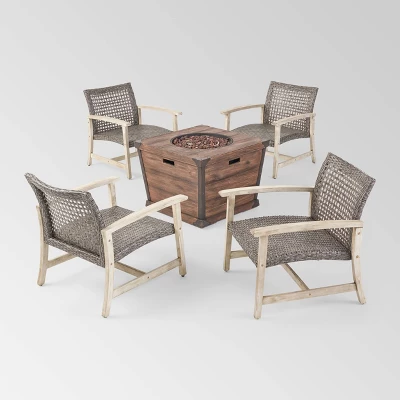 Hampton 5pc Wood & Wicker Club Chair Set With Fire Pit - Christopher Knight Home 3 Hampton 5pc Wood & Wicker Club Chair Set With Fire Pit - Christopher Knight Home