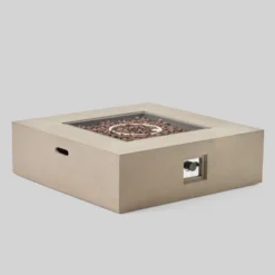 Illona 7pc Acacia Wood V-Shaped Sofa & Square Fire Table Set Teak/Crme/Light Gray- Christopher Knight Home -Outdoor Living Shop GUEST e086a04f 2d64 4d65 a22e eda094252629