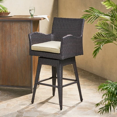 Braxton Wicker Swivel Patio Bar Stool With Cushion - Multi-Brown - Christopher Knight Home 3 Braxton Wicker Swivel Patio Bar Stool With Cushion - Multi-Brown - Christopher Knight Home
