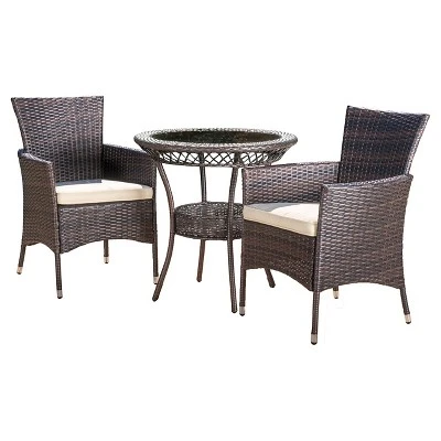 Parker 3-Piece Wicker Patio Bistro Seating Set With Cushions - Brown - Christopher Knight Home 3 Parker 3-Piece Wicker Patio Bistro Seating Set With Cushions - Brown - Christopher Knight Home