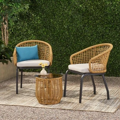 Arias 3pc Wicker Chat Set - Light Brown/Beige - Christopher Knight Home 3 Arias 3pc Wicker Chat Set - Light Brown/Beige - Christopher Knight Home